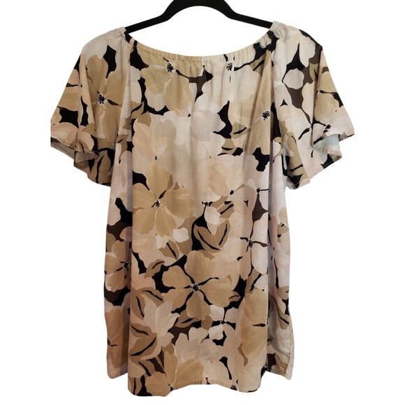 Terra and Sky Tan Black Floral Linen Blend Peasant Blouse Ruffle 0X 14W - Picture 6 of 7